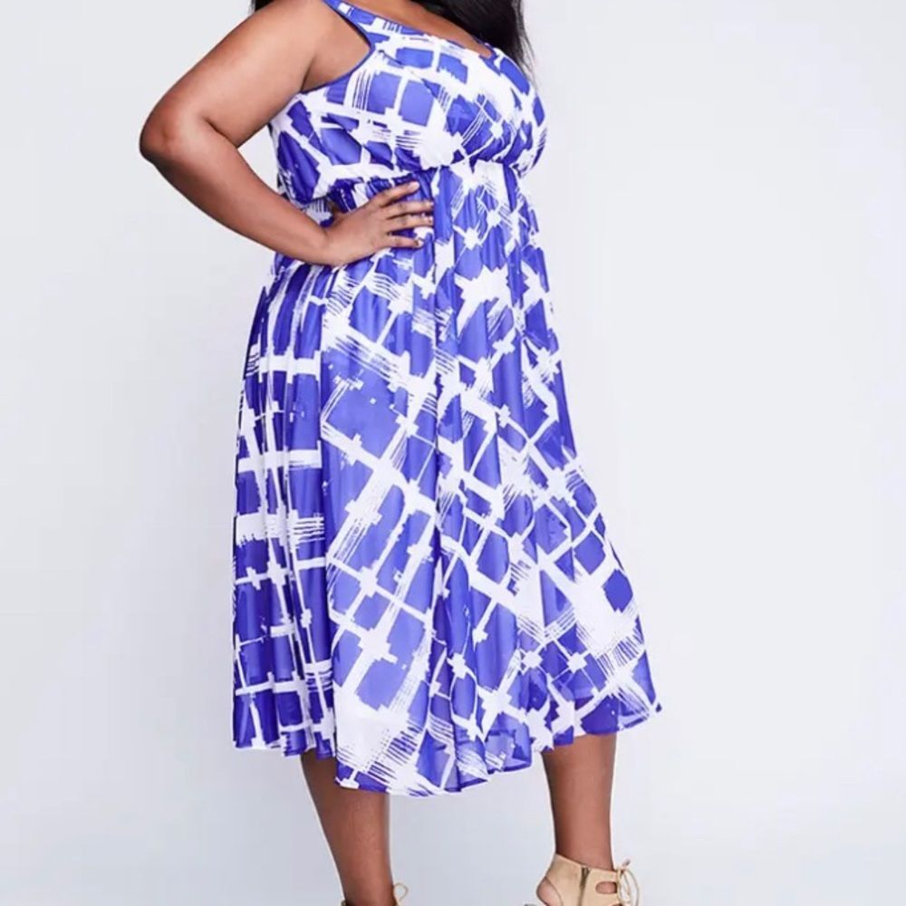 Lane Bryant Womens Blue White Chiffon Midi Dress Size 16 Sleeveless Fit & Flare